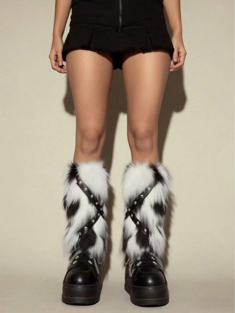 Pair of fuzzy leopard print leg warmers for women in a stylish winter goth aesthetic