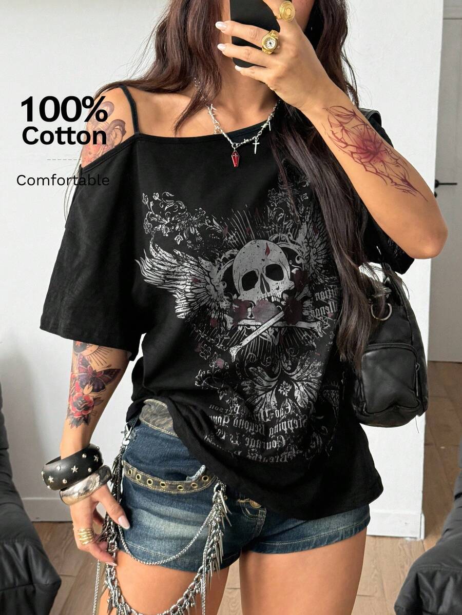 Women's casual loose fit cold shoulder cotton t-shirt with asymmetrical cutout neckline and short sleeves.