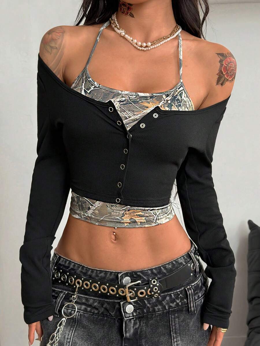 Women's cropped long sleeve 2-in-1 graphic T-shirt with scoop neck, tree branch pattern, patchwork camisole look, and gold button detail