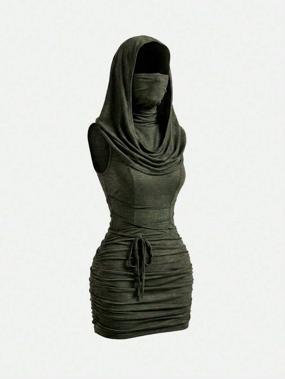 Front view of a sleeveless hooded cowl neck bodycon mini dress with draped collar detailing in knitted fabric.