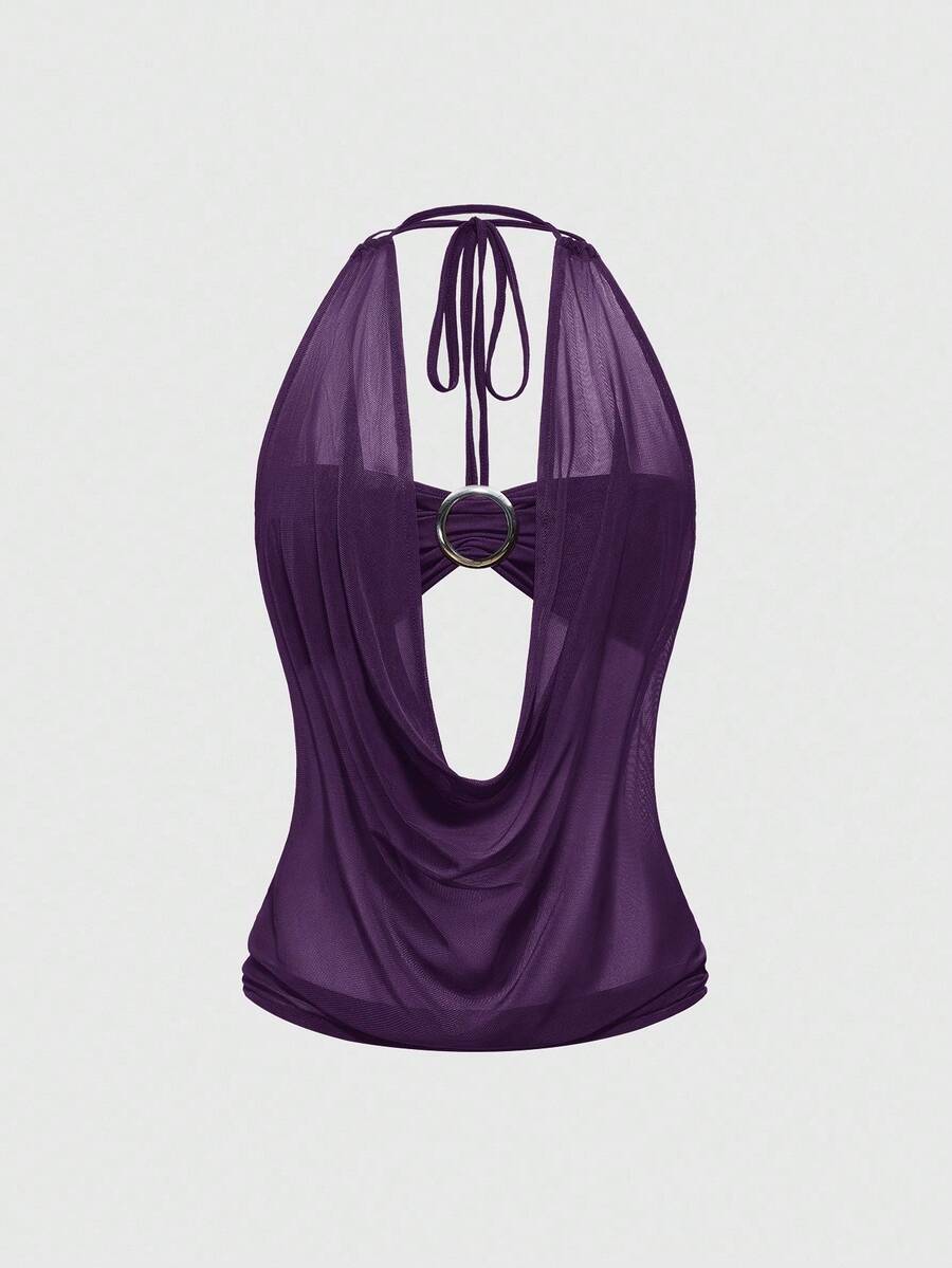 Women's Y2K retro crop tank top with draped halter neckline, cut-out detail, slim fit, and backless design