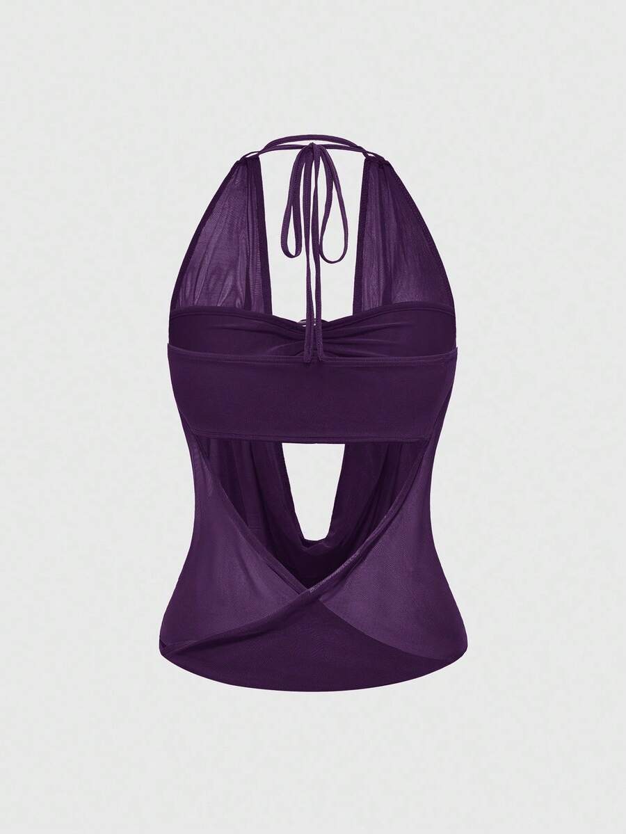 Women's Y2K retro crop tank top with draped halter neckline, cut-out detail, slim fit, and backless design