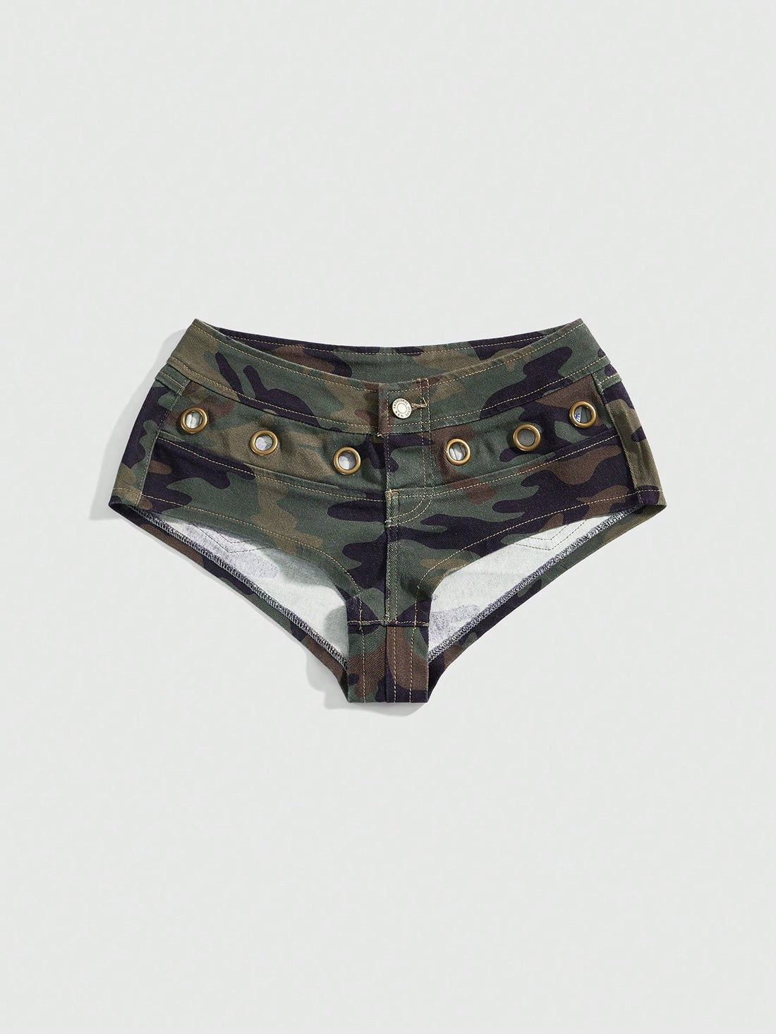 Women's ultra low waist camouflage mini skort shorts with zipper fly, button detail, and grommet eyelet accents.