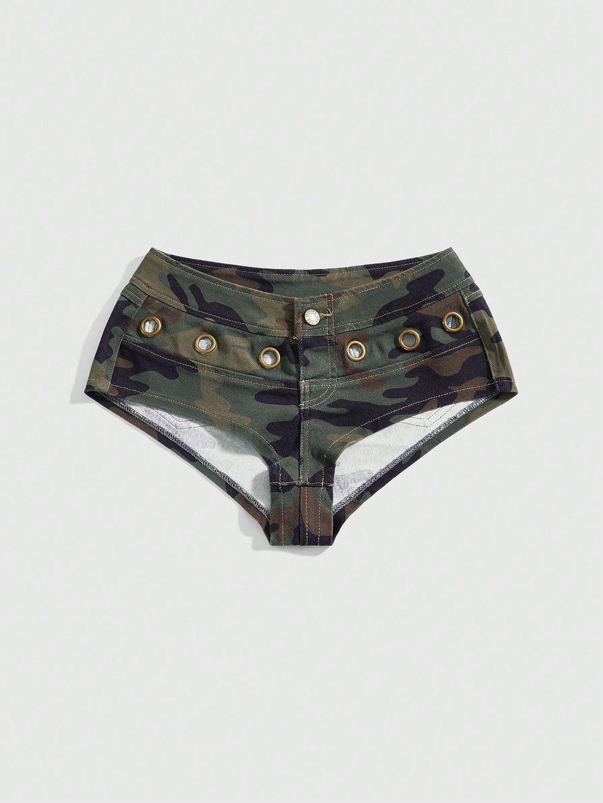 Women's ultra low waist camouflage mini skort shorts with zipper fly, button detail, and grommet eyelet accents.