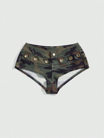 Women's ultra low waist camouflage mini skort shorts with zipper fly, button detail, and grommet eyelet accents.