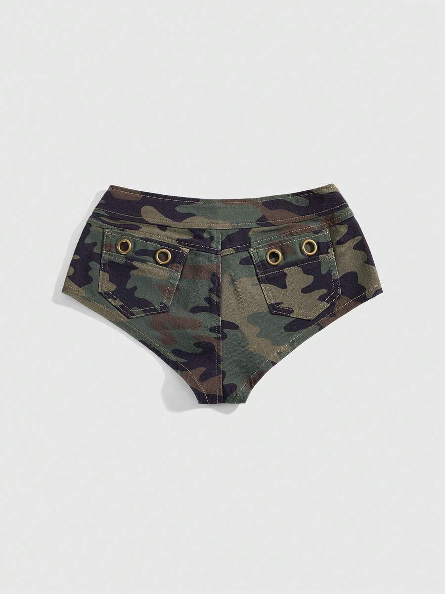 Women's ultra low waist camouflage mini skort shorts with zipper fly, button detail, and grommet eyelet accents.
