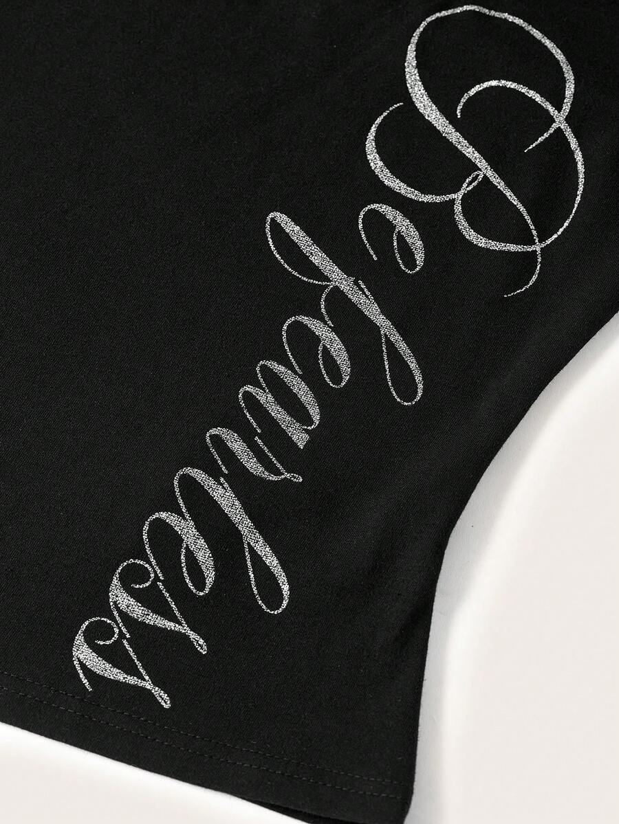 Women's black two-piece casual outfit featuring a long sleeve scoop neck letter print t-shirt and matching wide leg sweatpants made of knitted cotton blend fabric.