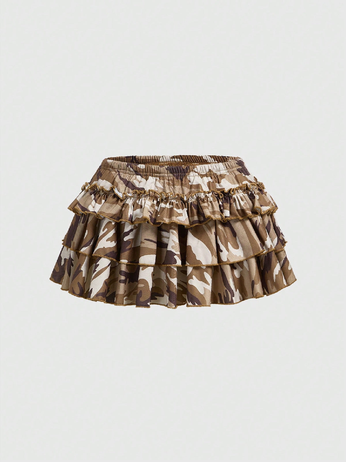 Women's low waist tiered mini skirt featuring ruffled hem layers in knitted stretch fabric.