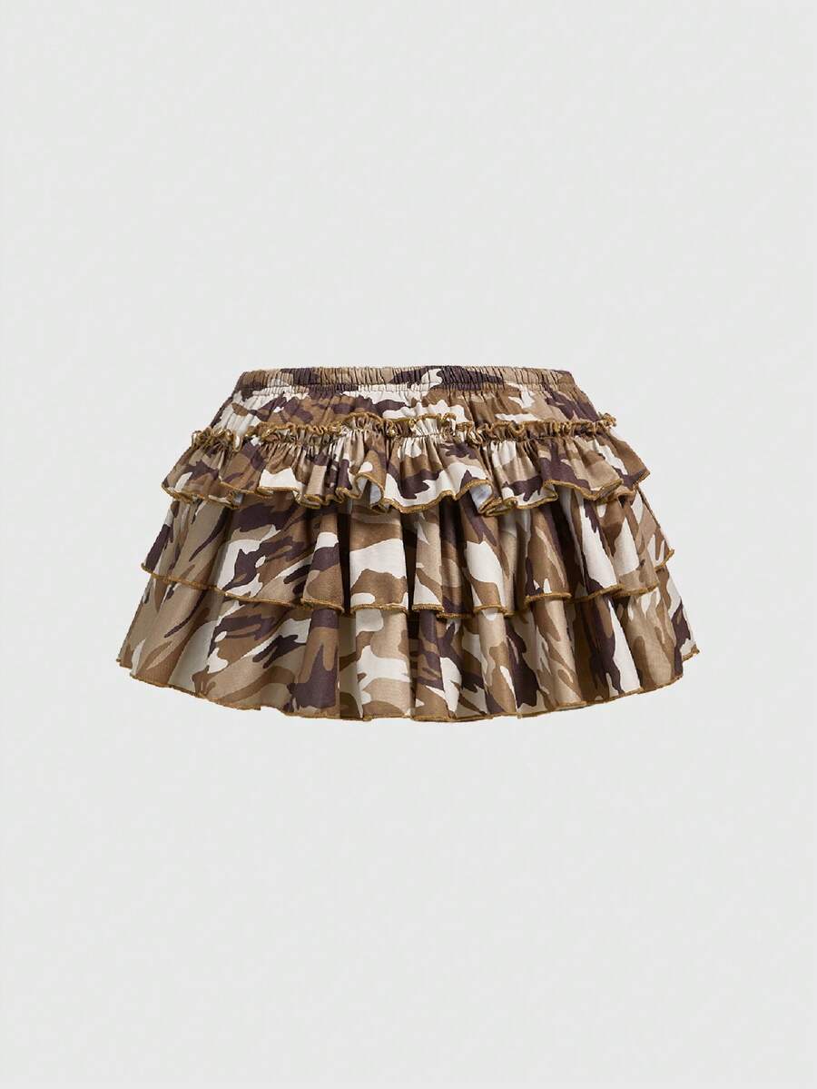 Women's low waist tiered mini skirt featuring ruffled hem layers in knitted stretch fabric.