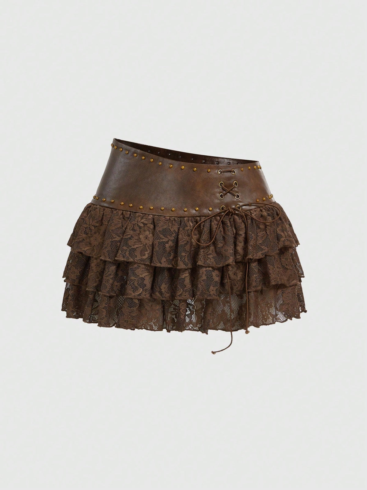Low waist double layer pleated mini skirt for women with contrast lace and tiered ruffle hem