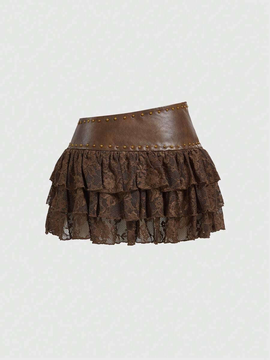 Low waist double layer pleated mini skirt for women with contrast lace and tiered ruffle hem