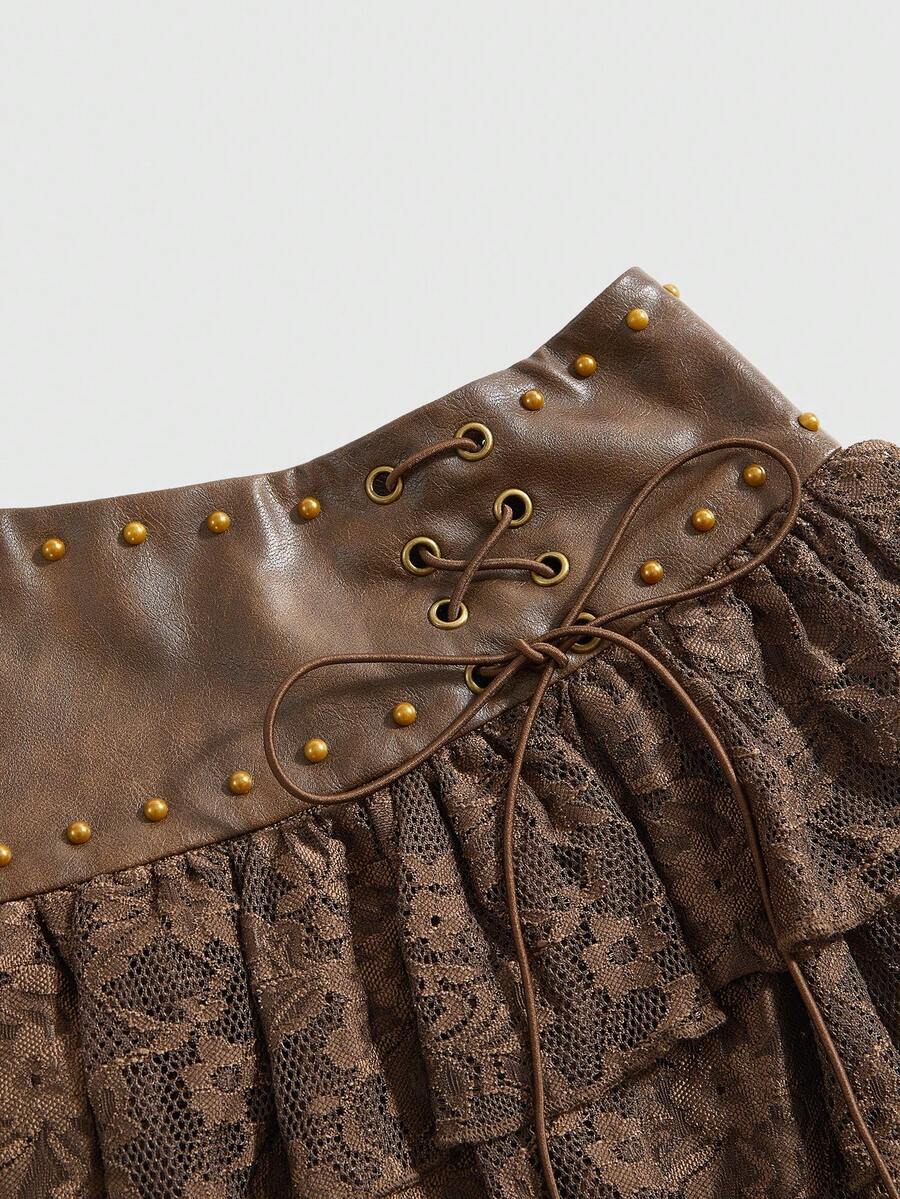 Low waist double layer pleated mini skirt for women with contrast lace and tiered ruffle hem