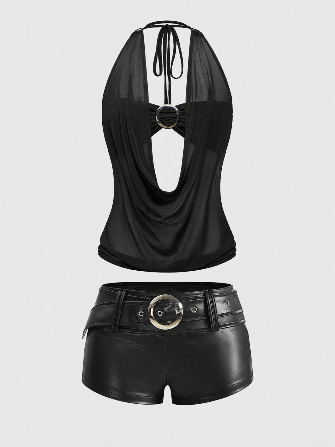 Women's Gyaru-style two-piece outfit with a draped halter crop top, backless tie detail, and mini bodycon shorts