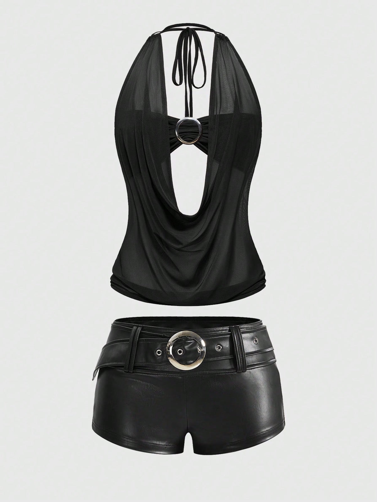 Women's Gyaru-style two-piece outfit with a draped halter crop top, backless tie detail, and mini bodycon shorts