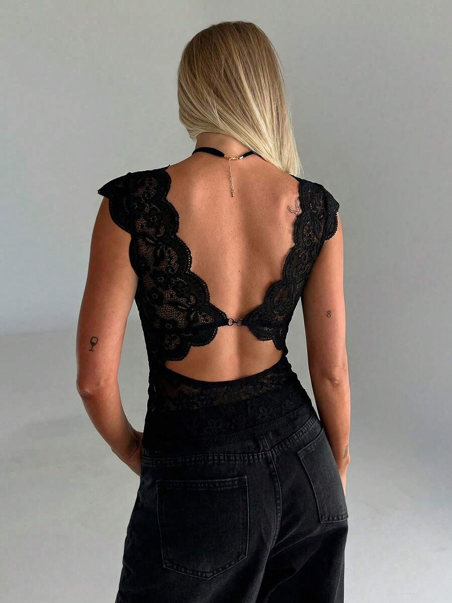 Firerie Women's Deep V-Neck Lace Fitted Camisole with scallop trim and contrast lace details.