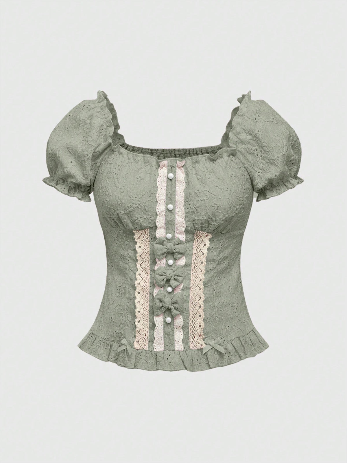 Women's slim fit short sleeve blouse featuring a square neckline, puff sleeves, lace-up front detail, and a frill ruffle hem.