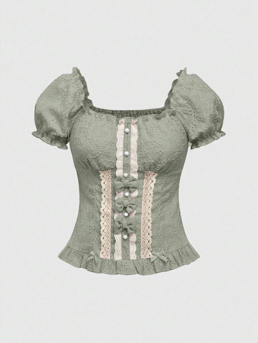 Women's slim fit short sleeve blouse featuring a square neckline, puff sleeves, lace-up front detail, and a frill ruffle hem.