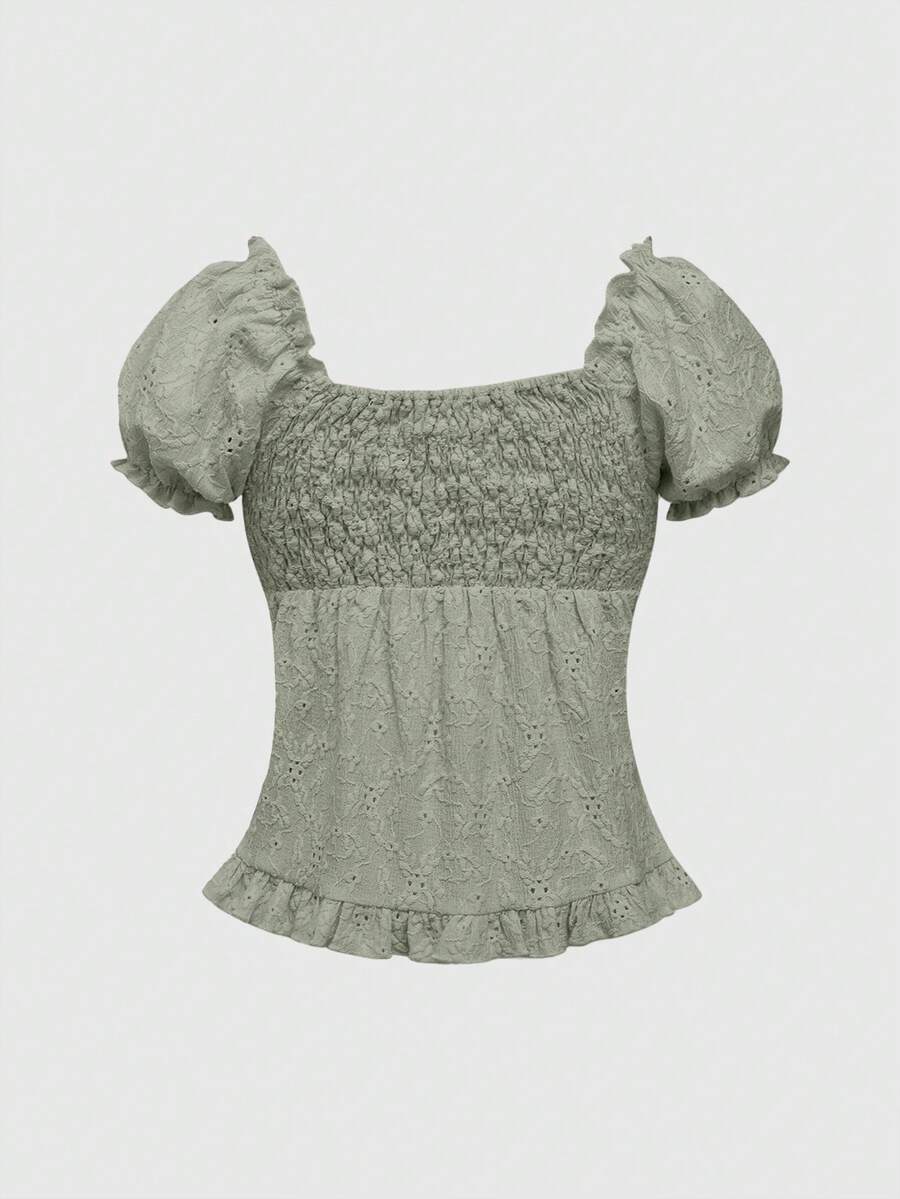 Women's slim fit short sleeve blouse featuring a square neckline, puff sleeves, lace-up front detail, and a frill ruffle hem.