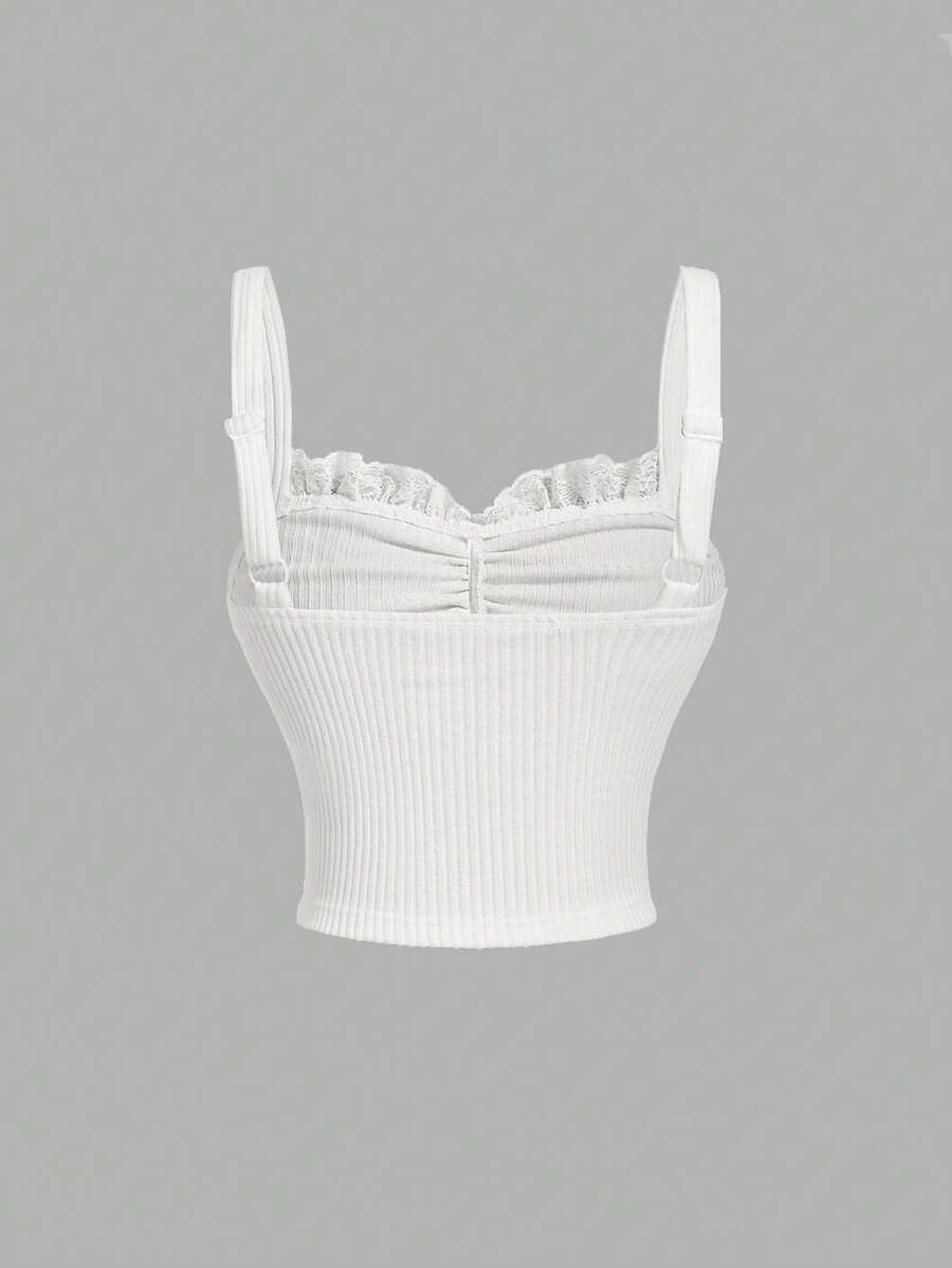 Black crop camisole top for women featuring shoulder straps, cold shoulder sleeves, drawstring detail, and frill trim on plain knitted fabric.