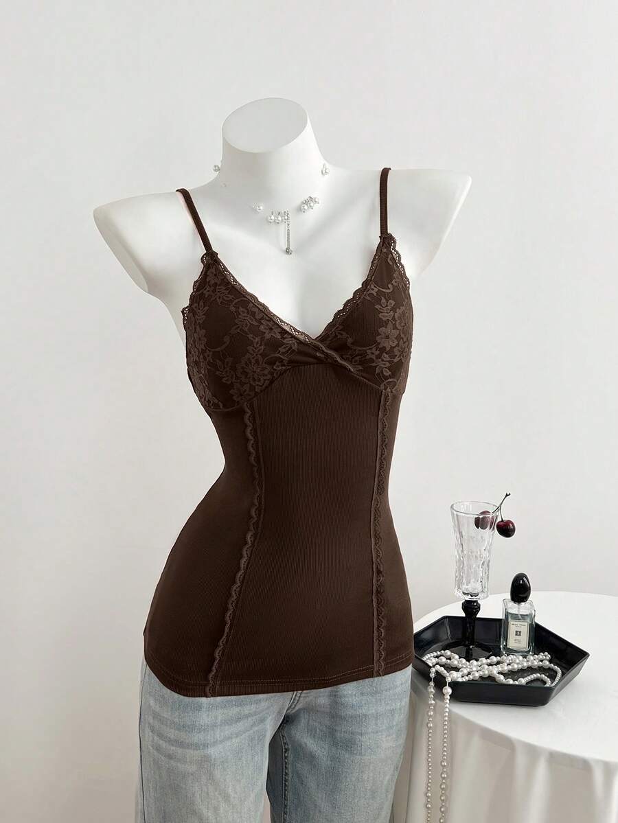 Women's slim fit backless cami tank top with contrast lace patchwork details, spaghetti straps, and high-stretch knitted ribbed fabric.