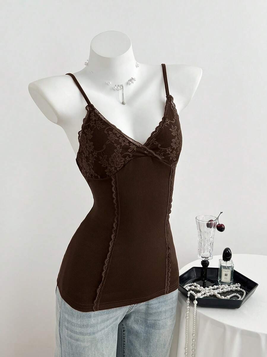 Women's slim fit backless cami tank top with contrast lace patchwork details, spaghetti straps, and high-stretch knitted ribbed fabric.