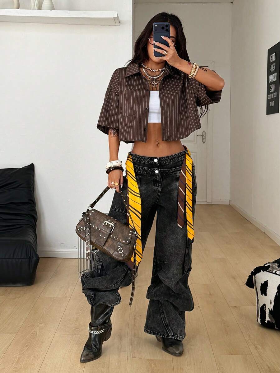 Women's plaid crop shirt with button front, chest pocket, short sleeves, and loose casual fit.