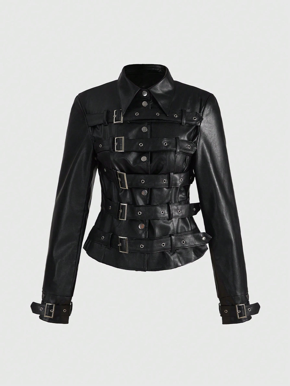 Women's black grunge punk motorcycle jacket featuring metal buckle straps and asymmetrical hem