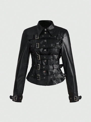 Women's black grunge punk motorcycle jacket featuring metal buckle straps and asymmetrical hem