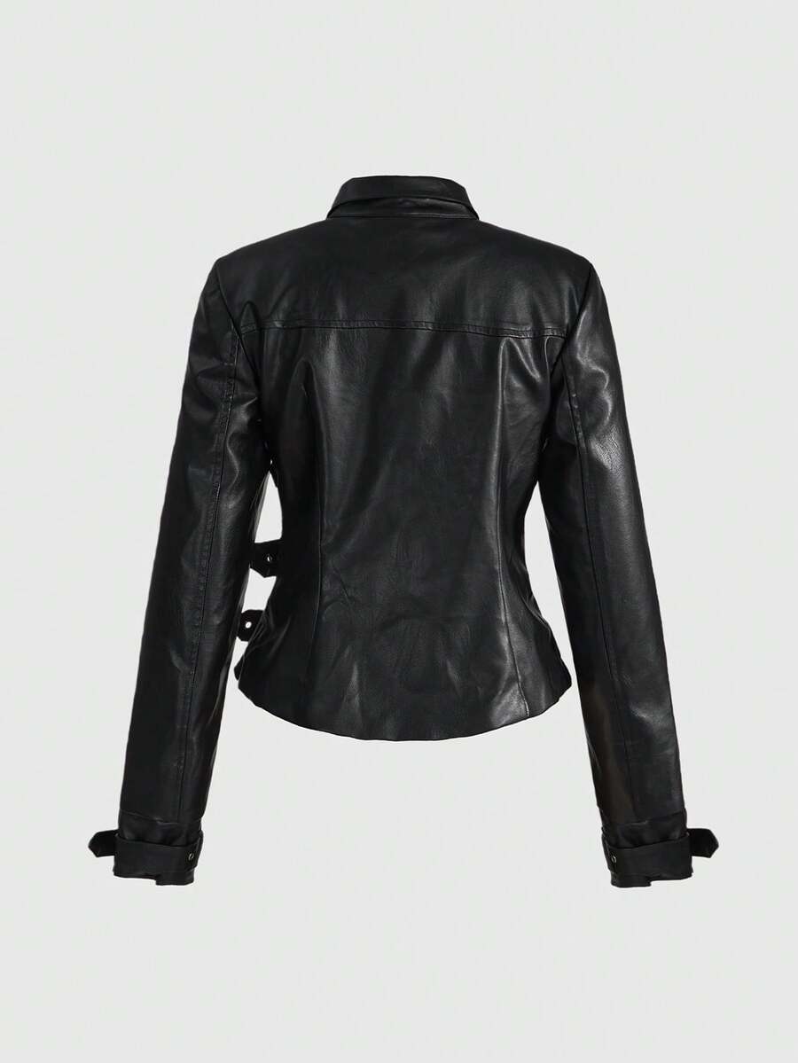 Women's black grunge punk motorcycle jacket featuring metal buckle straps and asymmetrical hem