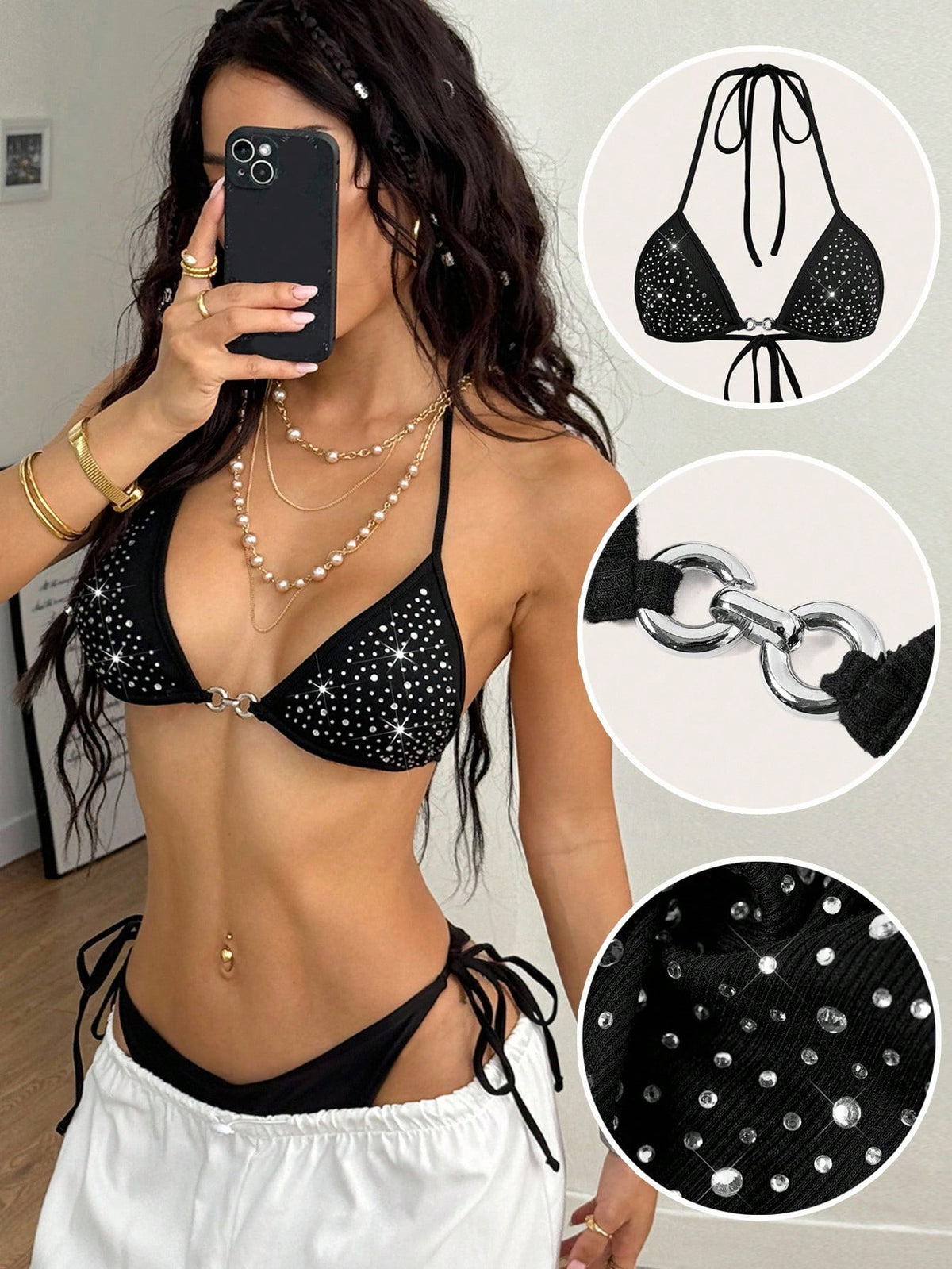 Women's slim fit halter crop top featuring a backless cut with knot and rhinestone accents.