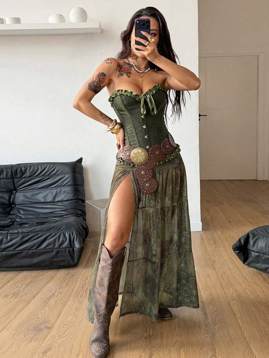 Women's low rise flared long skirt featuring an all-over print, split thigh accent, and textured semi-sheer fabric.