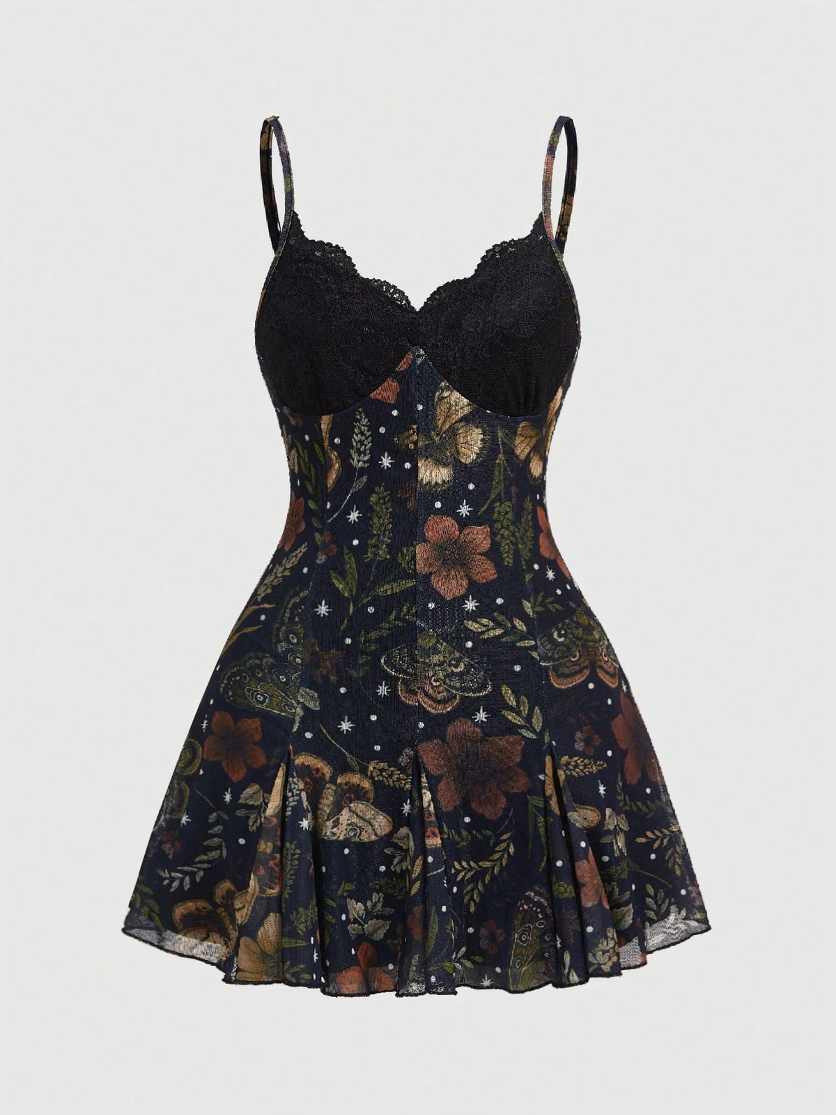 Women's Halloween boho gothic cami mini dress with spaghetti straps, contrast lace, pleated details, split design, high waist, and flared hem.