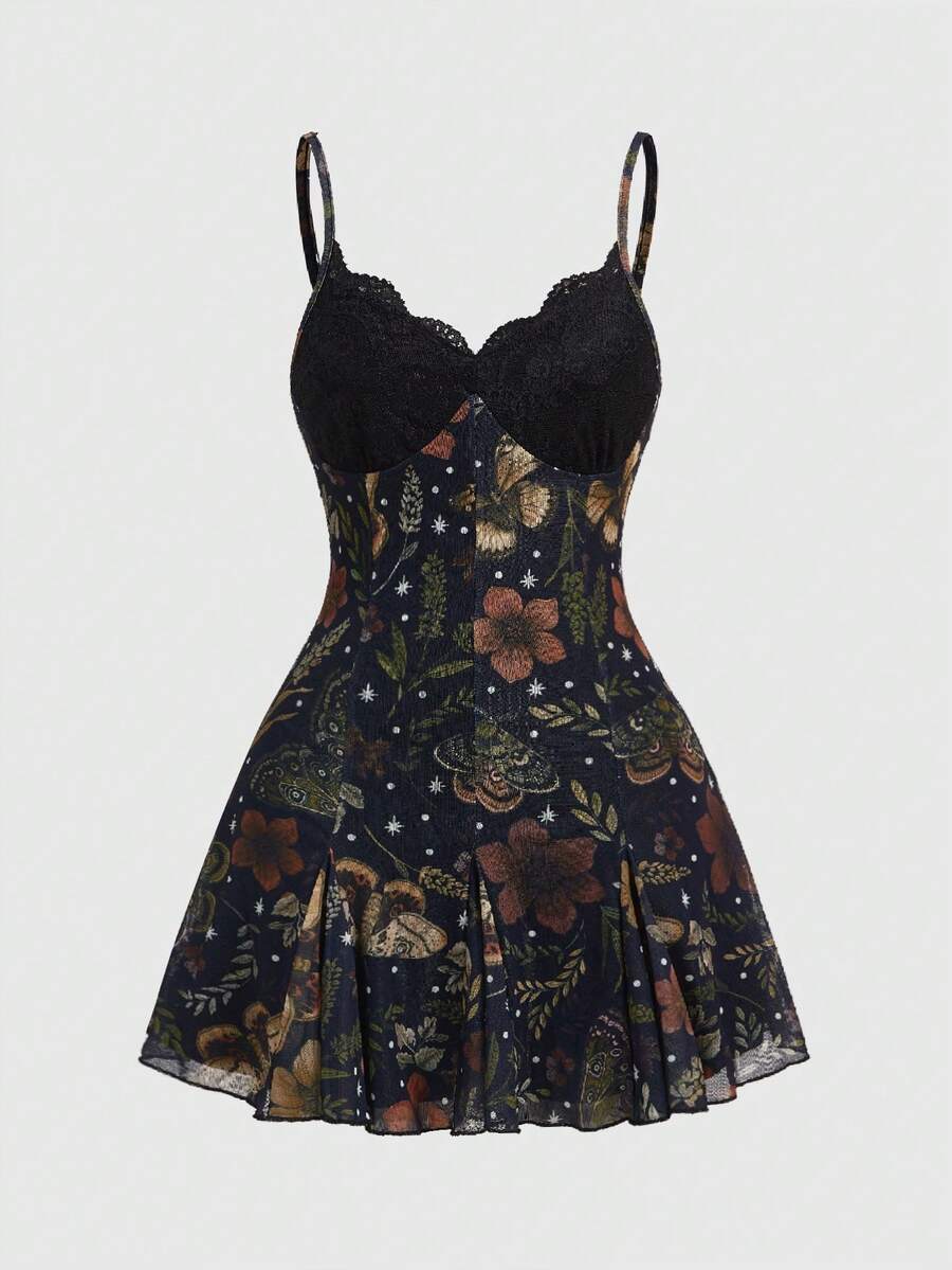 Women's Halloween boho gothic cami mini dress with spaghetti straps, contrast lace, pleated details, split design, high waist, and flared hem.