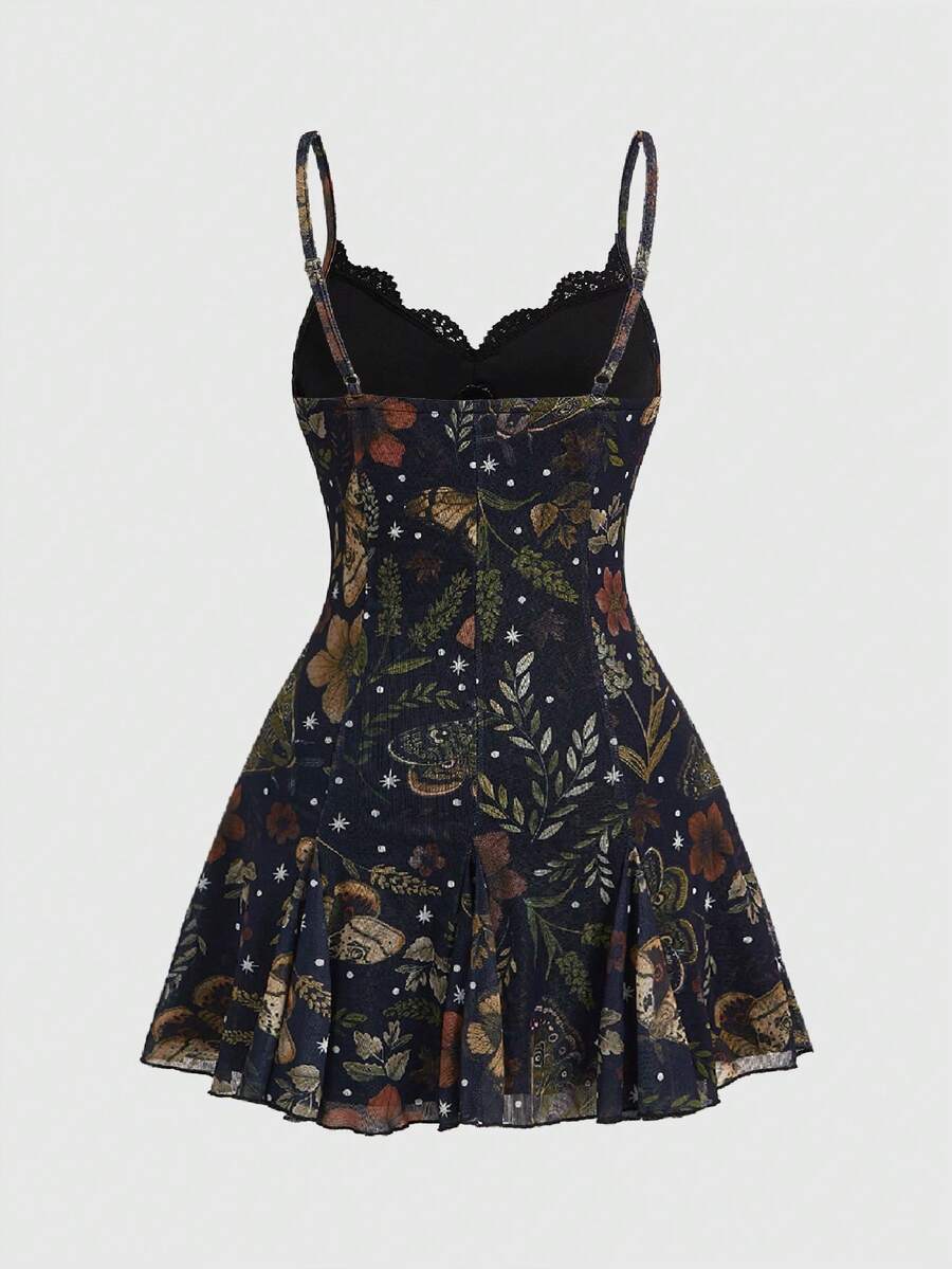 Women's Halloween boho gothic cami mini dress with spaghetti straps, contrast lace, pleated details, split design, high waist, and flared hem.
