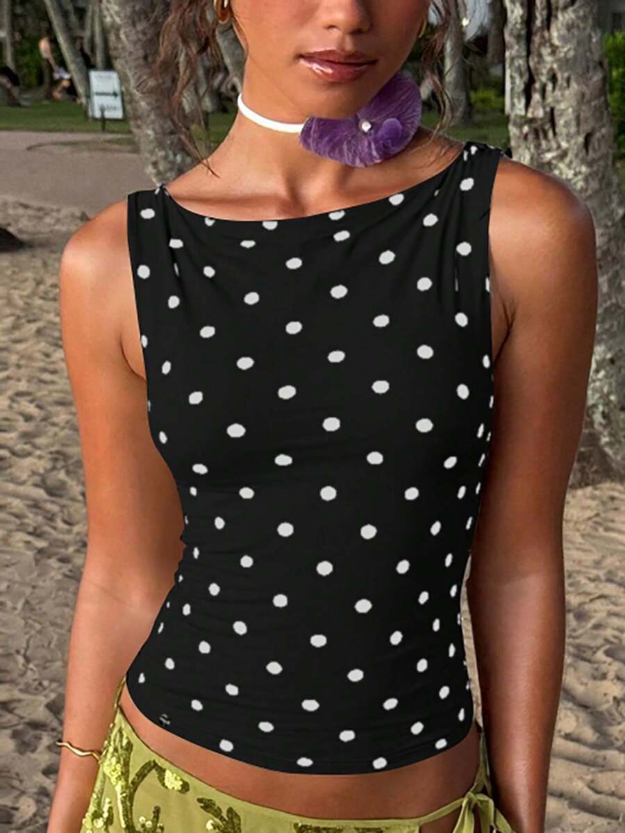 Women's polka dot sleeveless tank top with round neck, ruched rib-knit detail, regular hem, and slim fit casual style