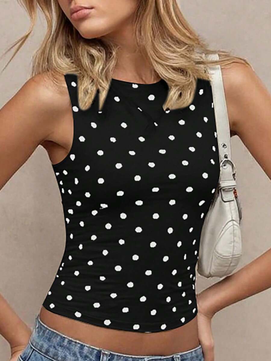 Women's polka dot sleeveless tank top with round neck, ruched rib-knit detail, regular hem, and slim fit casual style