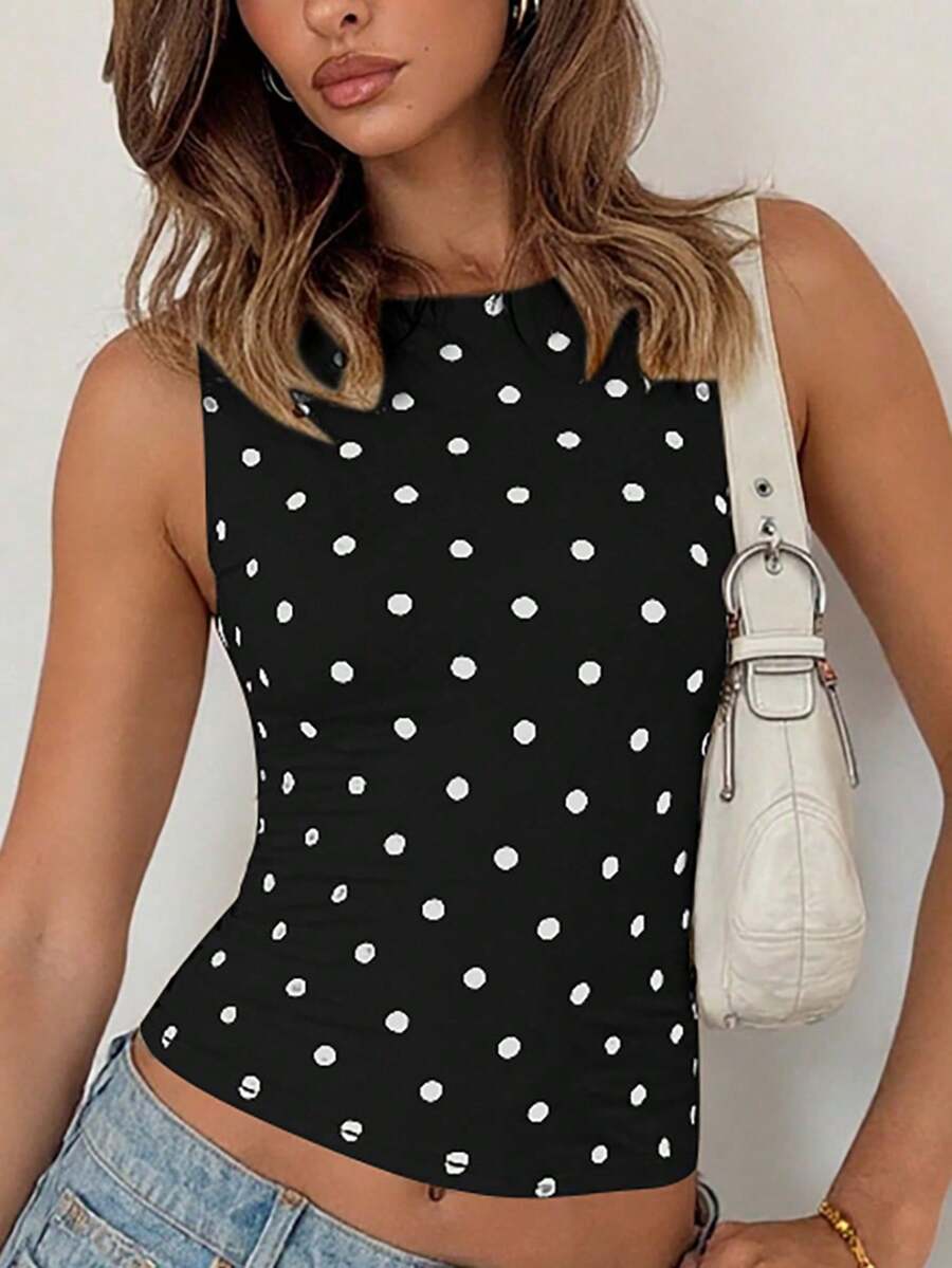 Women's polka dot sleeveless tank top with round neck, ruched rib-knit detail, regular hem, and slim fit casual style