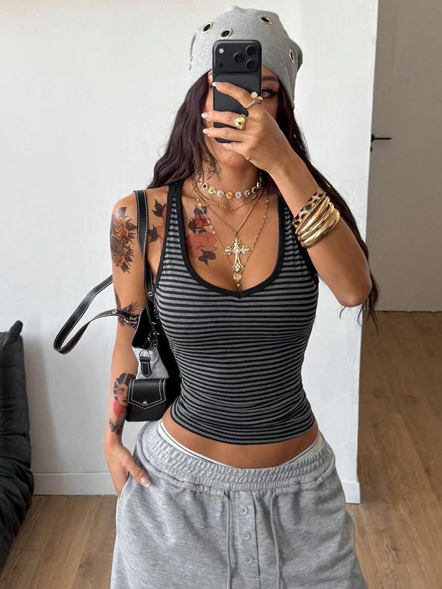Women's slim fit rib-knit tank top with scoop neckline in cotton stretch fabric