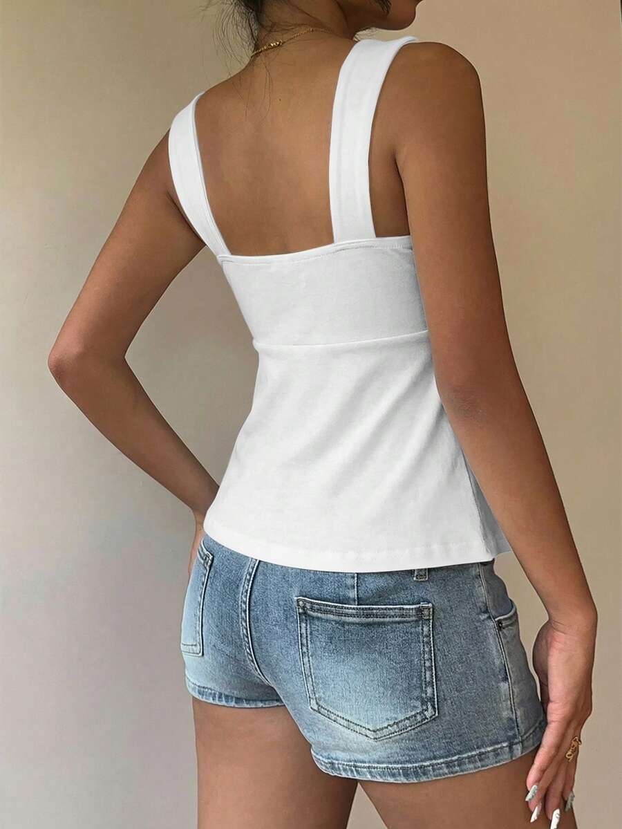 Women's white wide strap tank top with drawstring front, eyelet embroidery, ruffle hem, slim fit, and flared hem.