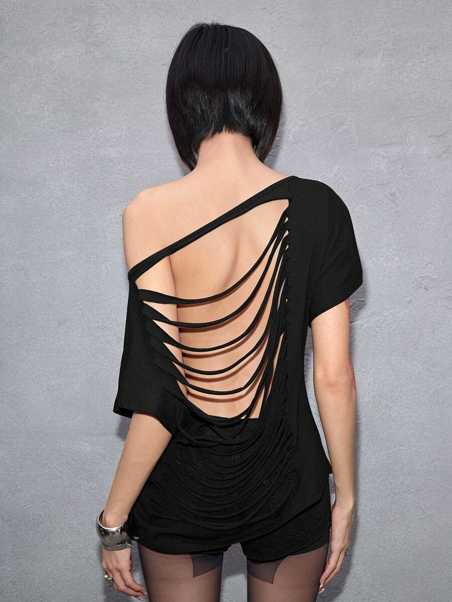 Women's grunge punk style short sleeve t-shirt featuring an asymmetrical neckline, hollow-out cut detail, and relaxed batwing sleeves in a soft cotton stretch fabric.