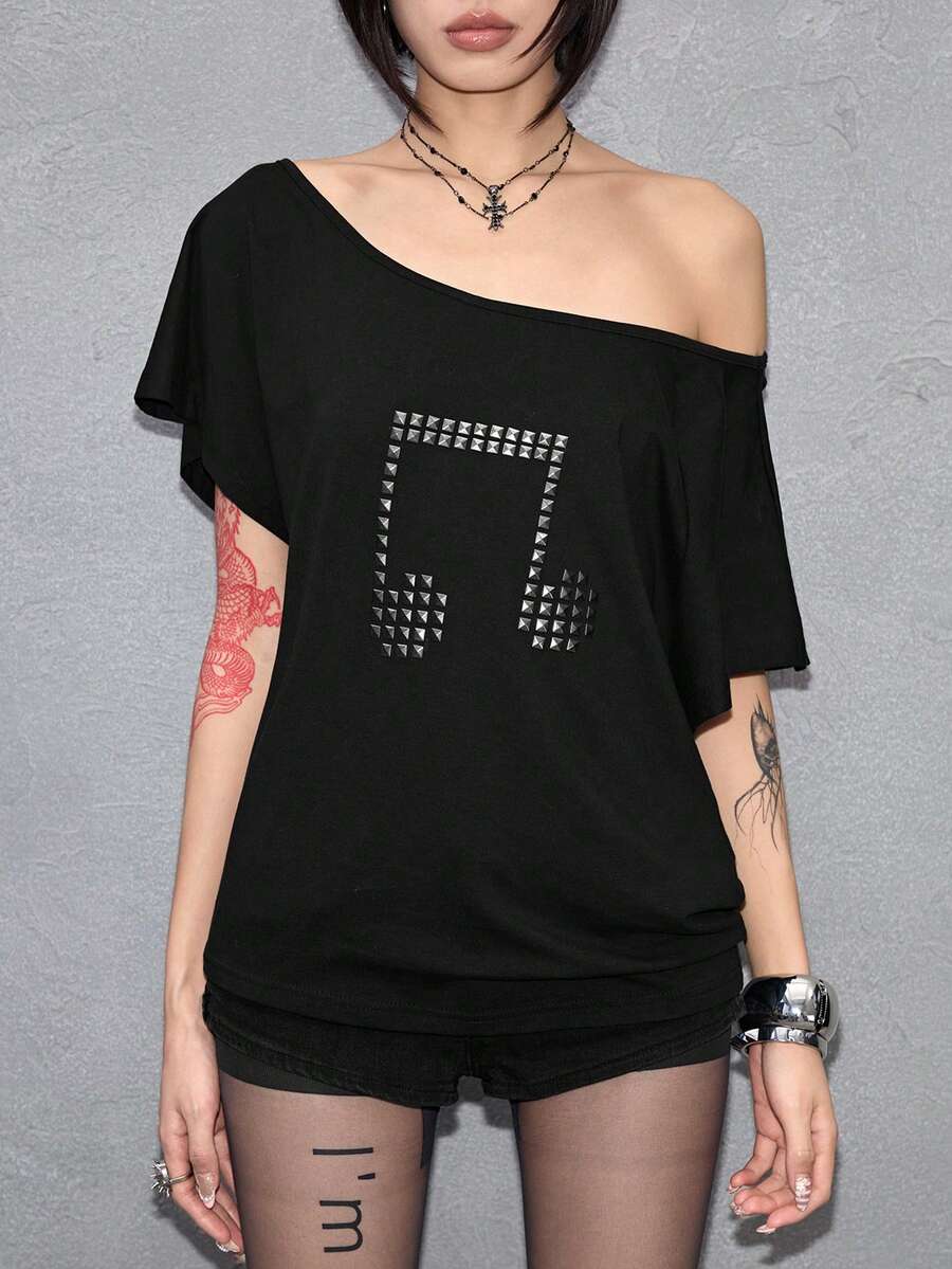 Women's grunge punk style short sleeve t-shirt featuring an asymmetrical neckline, hollow-out cut detail, and relaxed batwing sleeves in a soft cotton stretch fabric.