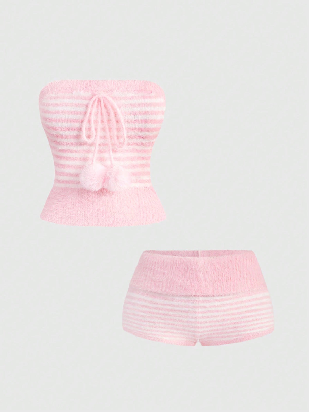 Pink striped knit two-piece set with a micro crop tube top and matching shorts