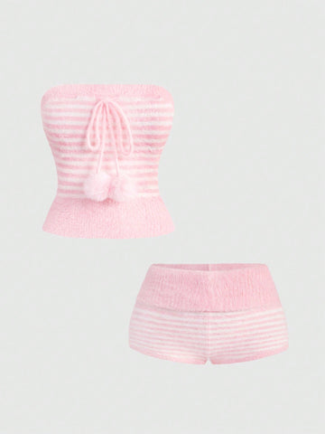 Pink striped knit two-piece set with a micro crop tube top and matching shorts
