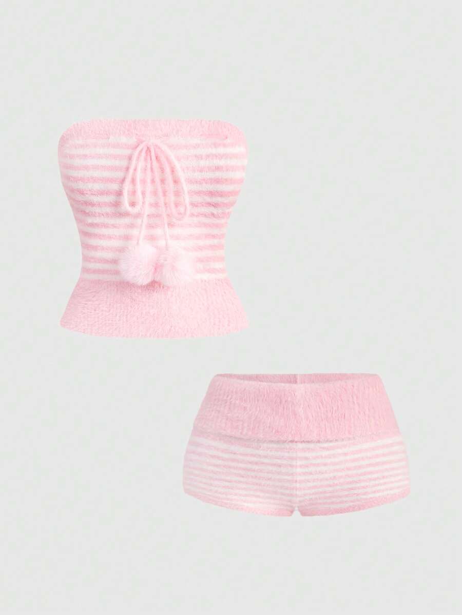 Pink striped knit two-piece set with a micro crop tube top and matching shorts