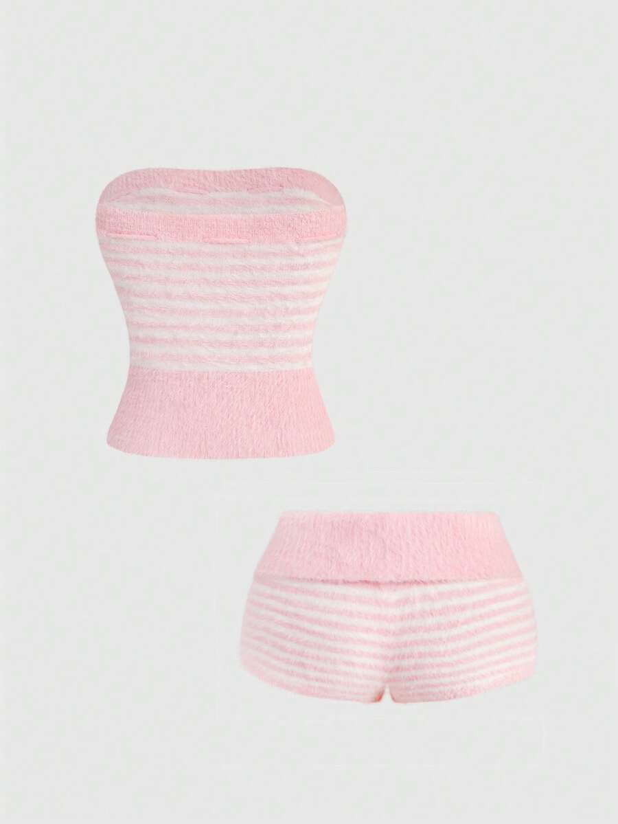 Pink striped knit two-piece set with a micro crop tube top and matching shorts