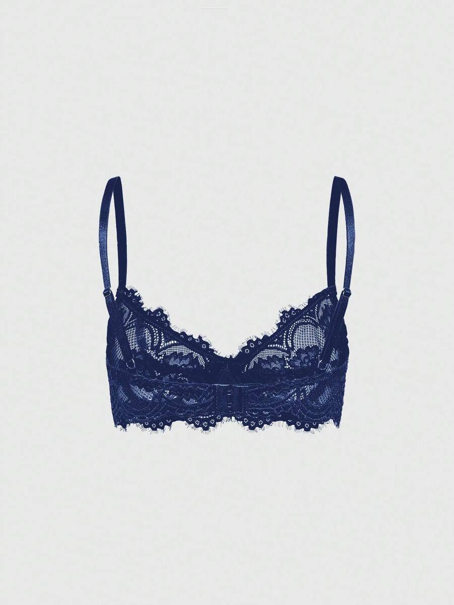 Sheer floral lace underwire triangle bra for women featuring adjustable straps and plunge cup design.