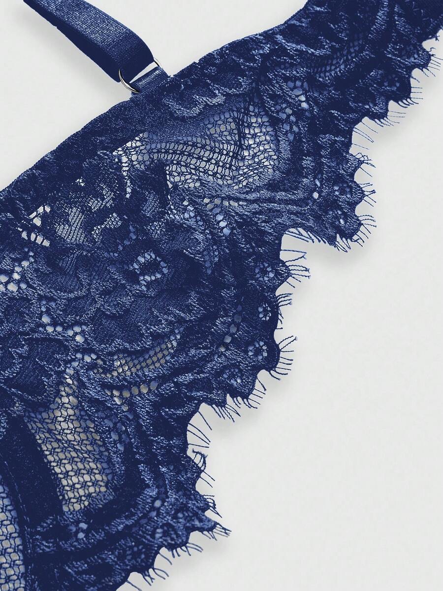 Sheer floral lace underwire triangle bra for women featuring adjustable straps and plunge cup design.