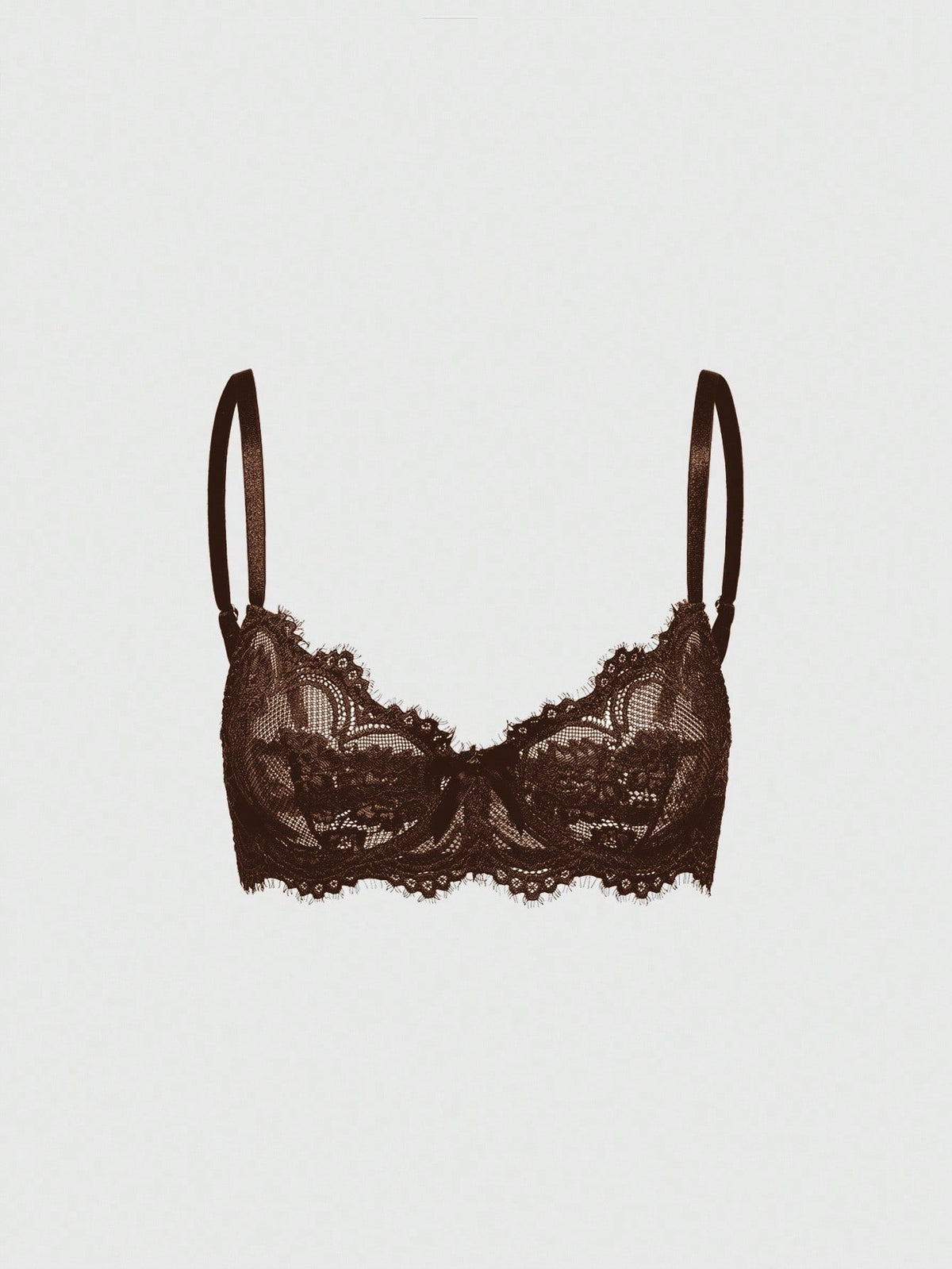 Sheer floral lace underwire triangle bra for women featuring adjustable straps and plunge cup design.