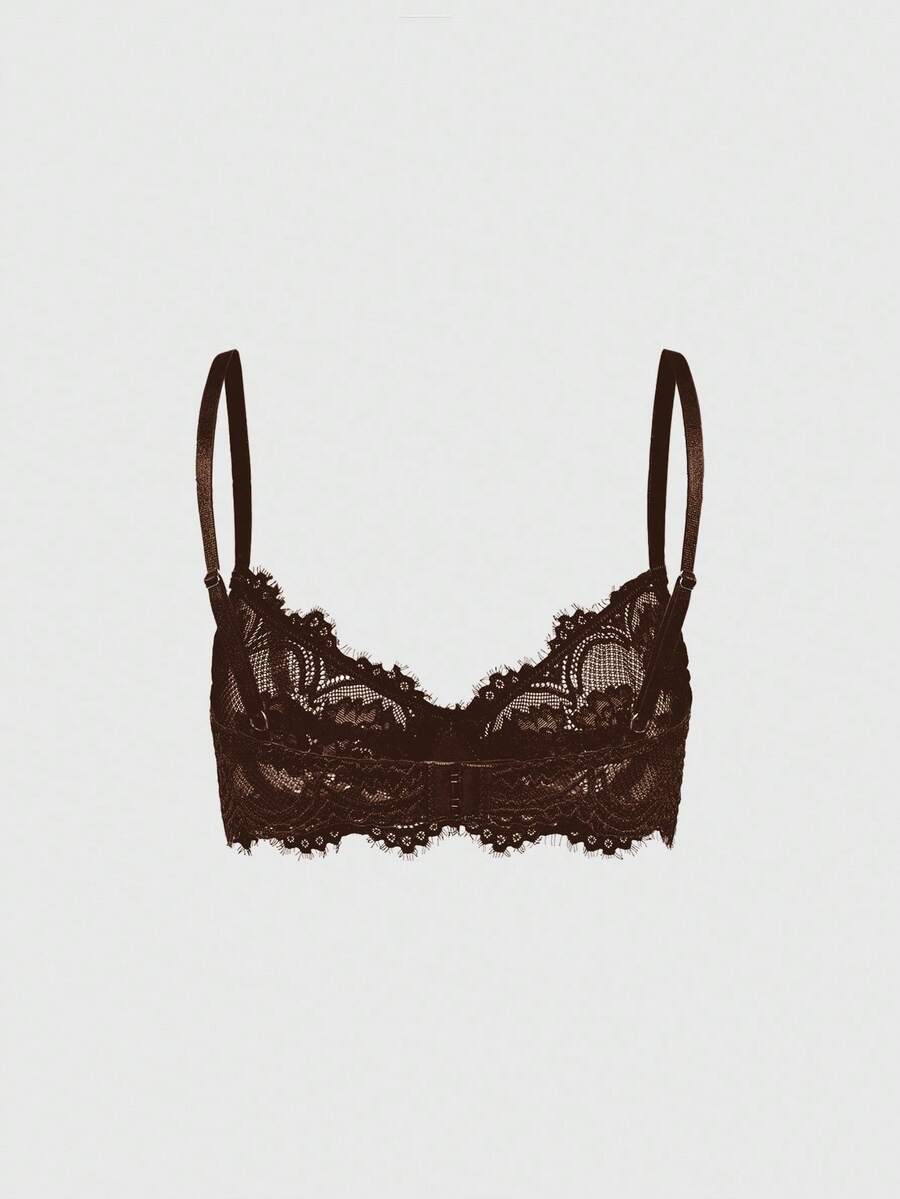 Sheer floral lace underwire triangle bra for women featuring adjustable straps and plunge cup design.