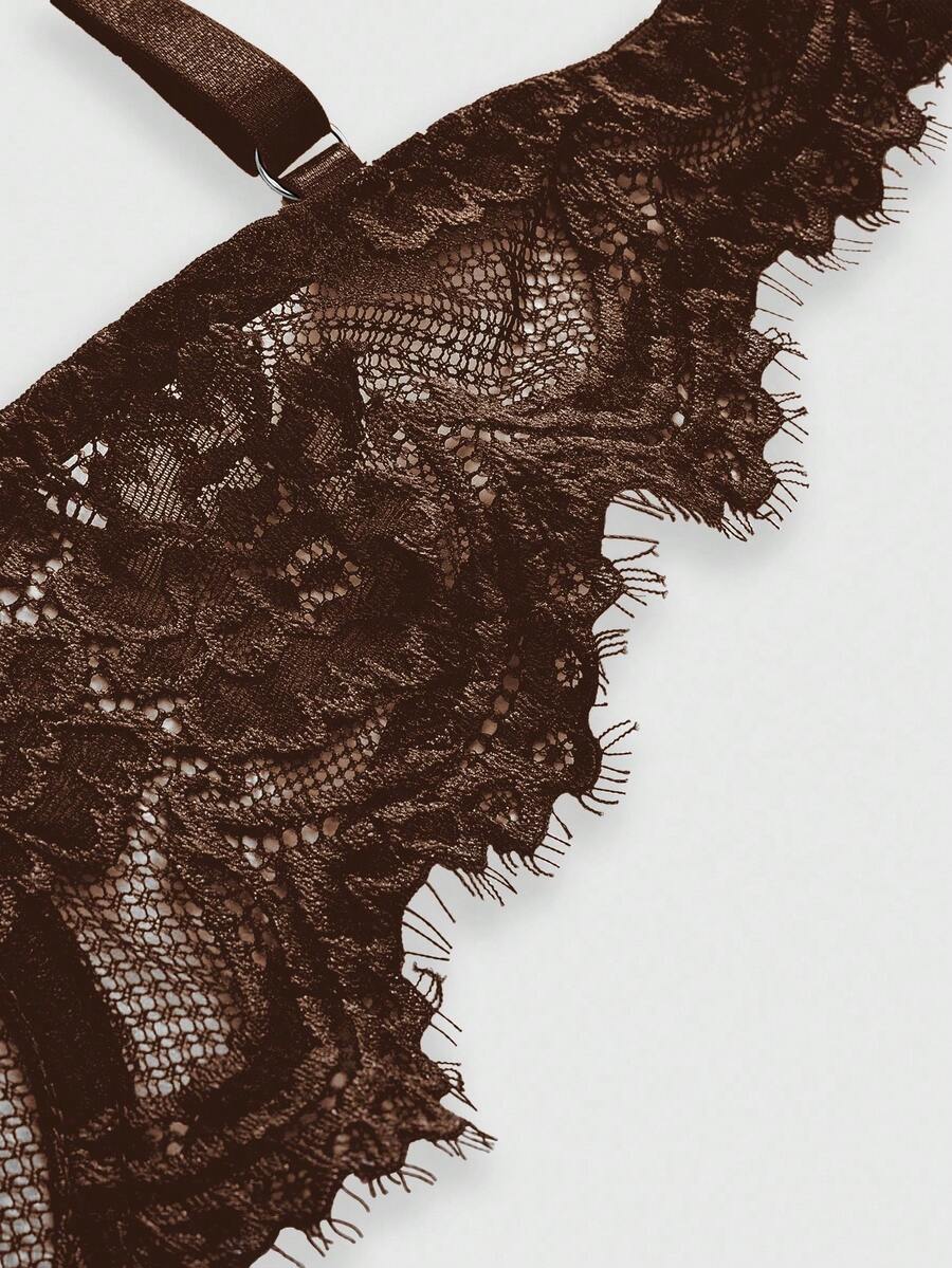 Sheer floral lace underwire triangle bra for women featuring adjustable straps and plunge cup design.